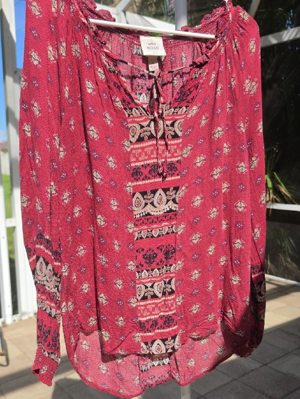 KNOX ROSE Printed Peasant Top with Tassel Tie